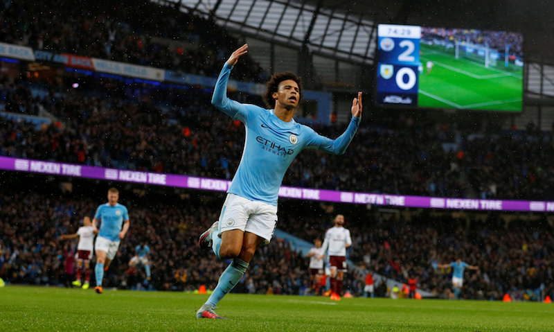 Manchester City's Leroy Sane celebrates scoring their third goal against Burnley in Etihad Stadium, Manchester October 21, 2017. u00e2u20acu201d Reuters pic 