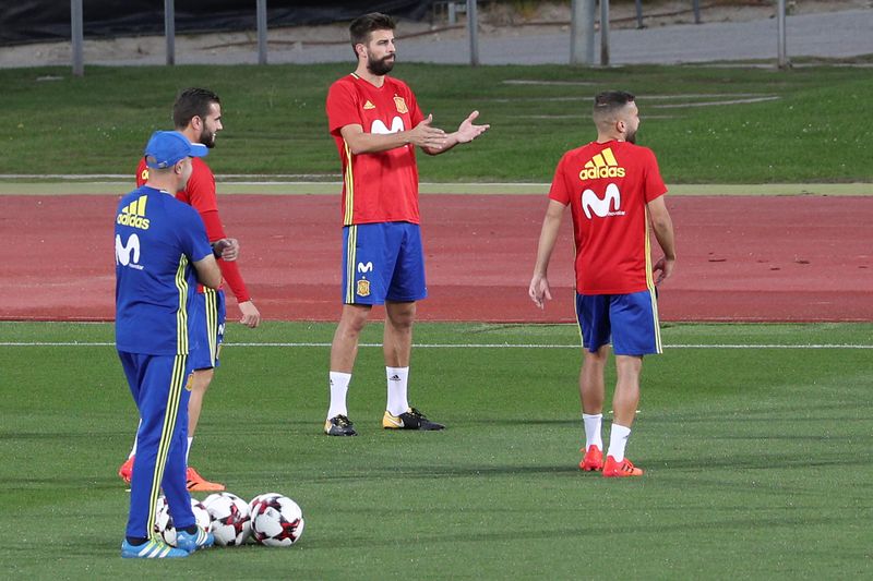Spainu00e2u20acu2122s player Gerard Pique gestures during a training session in Las Rozas, near Madrid, Spain, October 2, 2017. u00e2u20acu201d Reuters pic