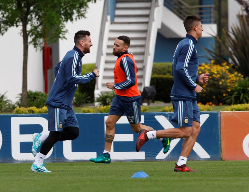 Argentina's players (from left) Lionel Messi, Nicolas Otamendi and Emiliano Rigoni during training session ahead of their match against Peru in Buenos Aires October 3, 2017. u00e2u20acu201d Reuters pic