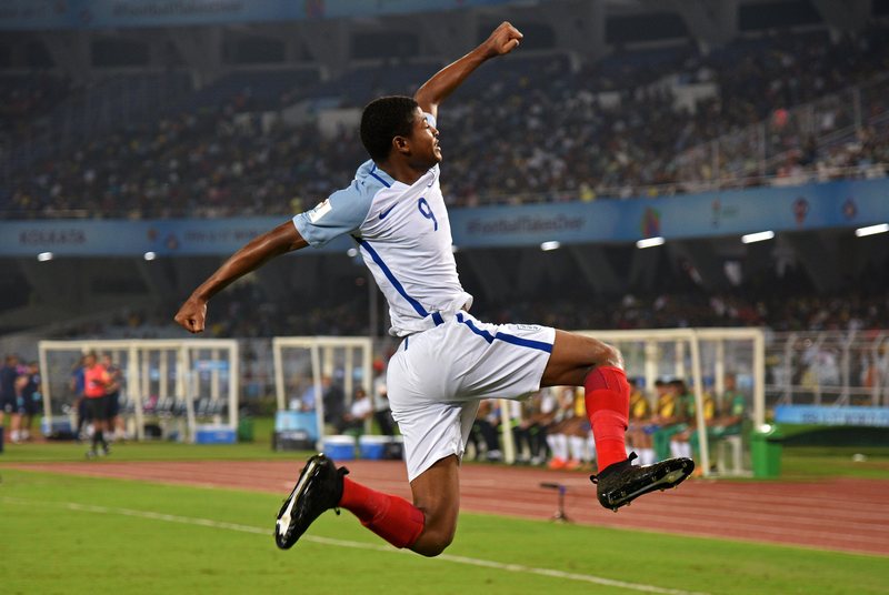 England's Rhian Brewster celebrates his goal in the Fifa Under-17 World Cup semifinal with Brazil at Kolkata October 25, 2017. u00e2u20acu201d Reuters pic