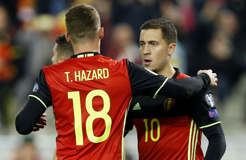 Belgiumu00e2u20acu2122s Eden Hazard celebrates with brother Thorgan Hazard after scoring the third goal against Cyprus. u00e2u20acu2022 Reuters pic