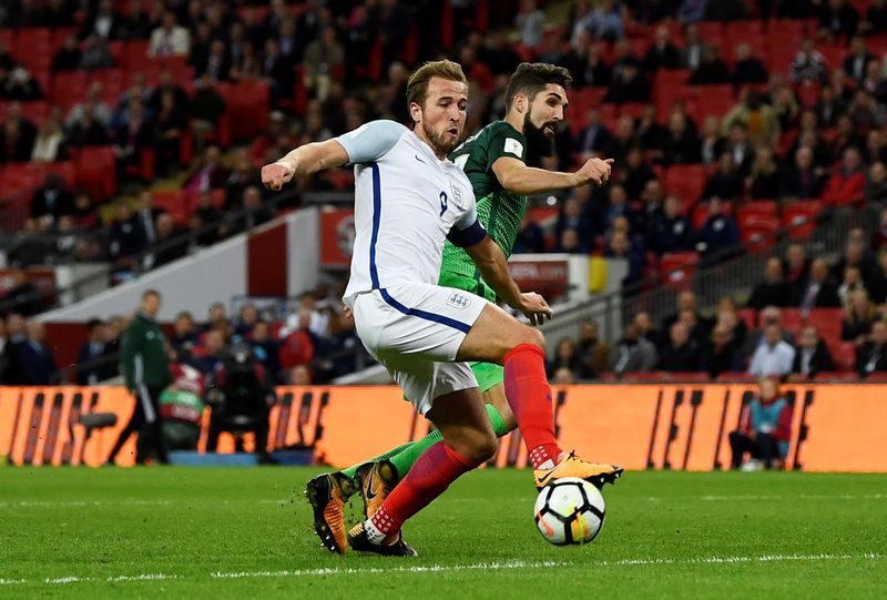 Englandu00e2u20acu2122s Harry Kane scores their first goal against Slovenia during their 2018 World Cup qualifications match at Wembley Stadium, London, October 5, 2017. u00e2u20acu201d Reuters pic
