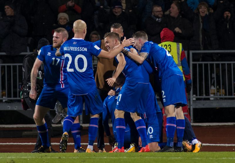 Iceland team celebrates after scoring a second goal against Kosovo. u00e2u20acu2022 Reuters pic