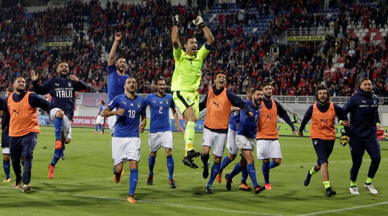 Italy players celebrate after the match against Albania at the Loro Borici Stadium in Shkoder, Albania October 10, 2017. u00e2u20acu2022 Reuters pic