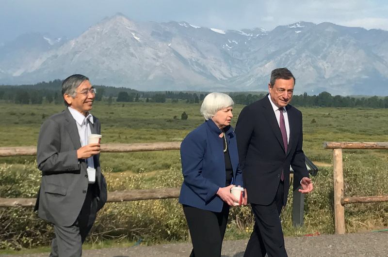 (From left) Bank of Japan Governor Haruhiko Kuroda, US Federal Reserve Chair Janet Yellen and European Central Bank President Mario Draghi during the annual central bank research conference in Jackson Hole, Wyoming August 25, 2017. u00e2u20acu201d Reuters pic  