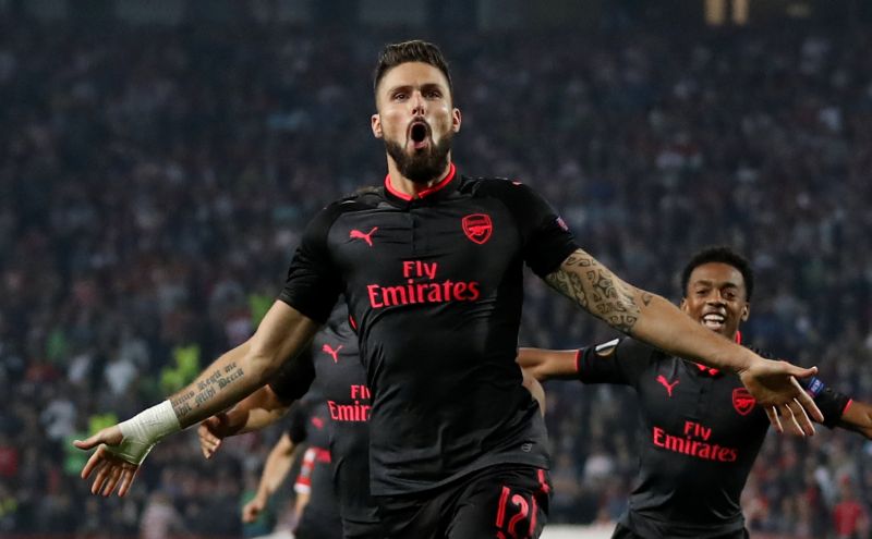 Arsenal's Olivier Giroud celebrates after scoring the first goal against Red Star Belgrade. u00e2u20acu2022 Reuters pic