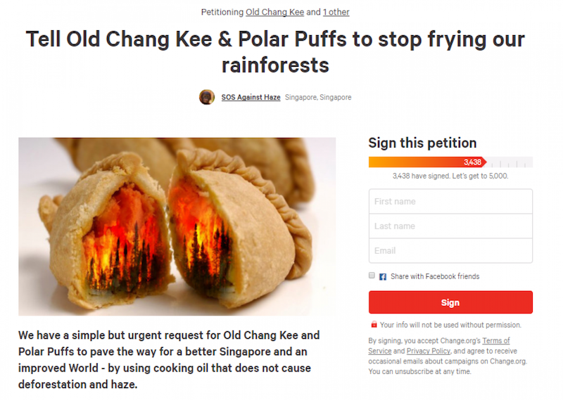 Screenshot from Change.org of the petition calling for Old Chang Kee and Polar Puffs to use sustainable cooking oil.