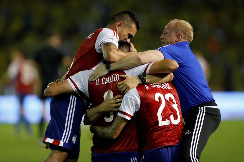 Paraguay players celebrate their victory against Colombia. u00e2u20acu2022 Reuters pic