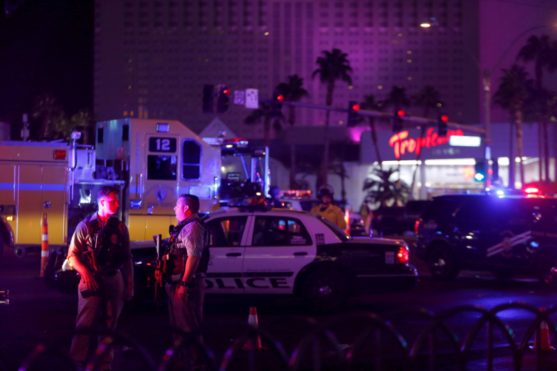 Las Vegas Metro Police officers confer near a staging area in the intersection of Tropicana Avenue and Las Vegas Boulevard South after a mass shooting at a music festival on the Las Vegas Strip early October 2, 2017. u00e2u20acu201d Reuters pic