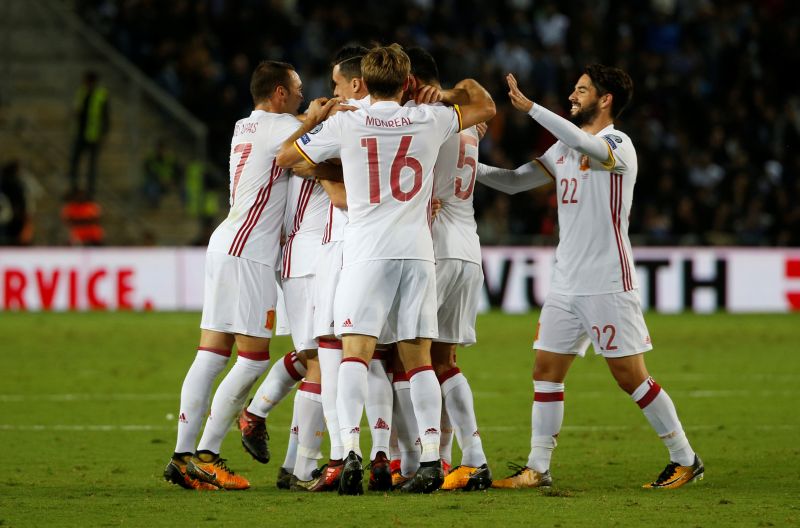 Spain players celebrate after Asier Illarramendi scored a goal against Israel. u00e2u20acu2022 Reuters pic