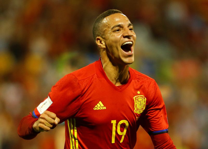 Spainu00e2u20acu2122s Rodrigo celebrates after scoring the first goal against Albania. u00e2u20acu2022 Reuters pic