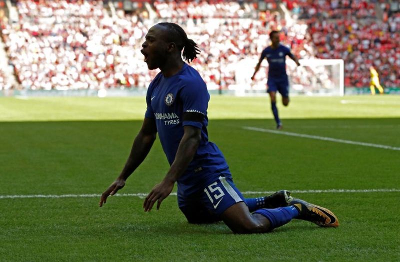 Chelseau00e2u20acu2122s Nigerian player Victor Moses celebrates scoring their first goal during their FA Community Shield match versus Arsenal in London, August 6, 2017. u00e2u20acu201d Reuters pic