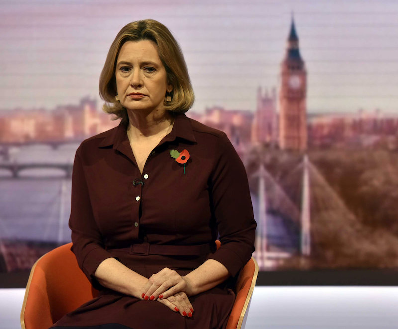Britainu00e2u20acu2122s Home Secretary, Amber Rudd, is seen appearing on the BBCu00e2u20acu2122s Andrew Marr Show in this photograph received via the BBC in London November 5, 2017. u00e2u20acu201d Jeff Overs/ BBC handout via Reuters