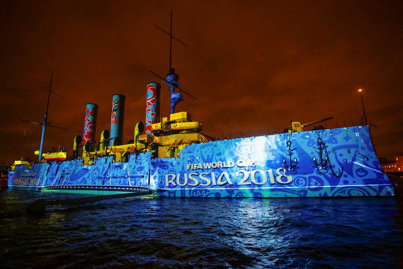 Fifau00c2u00a0Worldu00c2u00a0Cupu00c2u00a0sign is projected on the cruiser Aurora, which fired the shot that announced the start ofu00c2u00a0Russiau00e2u20acu2122s 1917 Bolshevik Revolution, during a light show dedicated to revolutionu00e2u20acu2122s centenary in St Petersburg November 4, 2017.u00c2u00a0u00e2u20acu201d Reuters pi