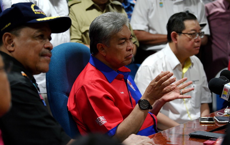 Deputy Prime Minsiter Datuk Seri Dr Ahmad Zahid Hamidi speaks at a media conference after visiting the temporary relief centre inu00c2u00a0Sekolah Kebangsaan Bertam Indah in Seberang Prai, November 6, 2017. u00e2u20acu201d Bernama pic