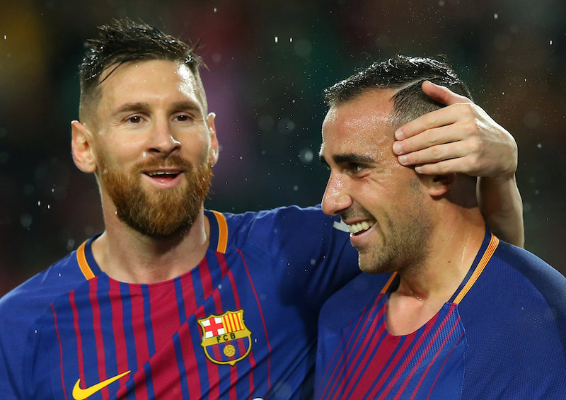 Barcelonau00e2u20acu2122s Paco Alcacer celebrates scoring their first goal with Lionel Messi during their game against Sevilla at Camp Nou in Barcelona November 4, 2017. u00e2u20acu201d Reuters pic