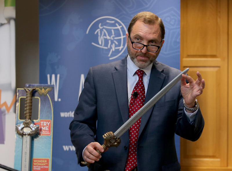 Attorney James A. Swartz holds the Wonder Woman Battle-Action Sword as he talks during the World Against Toys Causing Harm (WATCH) news conference in Boston November 14, 2017. u00e2u20acu201d Reuters pic