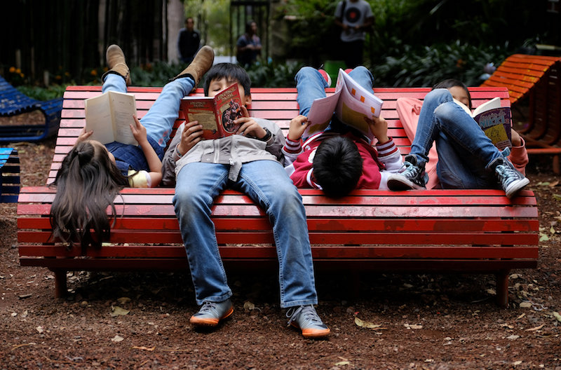 Children read books on a bench at the Audiorama section with classical music playing from speakers within the trees at Chapultepec Park in Mexico City November 20, 2017. u00e2u20acu201d Reuters pic
