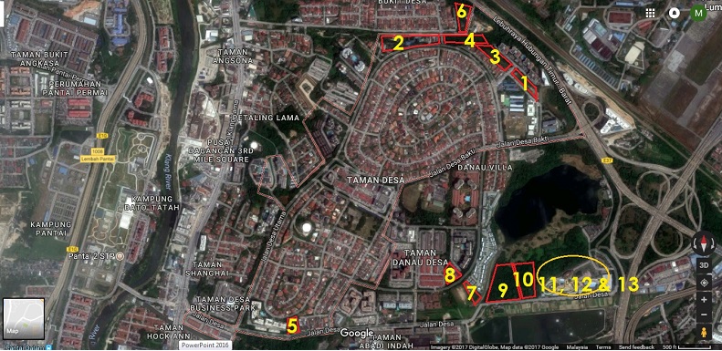 A map of 13 upcoming developments in Taman Desa, with one denoting The Address’s approximate location and with other projects expected on the same ex-TNB reserve land. — Picture courtesy of Save Taman Desa coalition