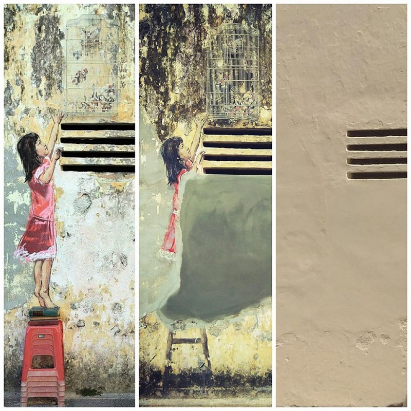 One of Ernest Zacharevicu00e2u20acu2122s famous murals u00e2u20acu201d u00e2u20acu02dcGirl with Stool and Birdcageu00e2u20acu2122 u00e2u20acu201d along Jalan Bijih Timah in Ipoh was painted over by the buildingu00e2u20acu2122s owner last month. u00e2u20acu201d Pictures by Marcus Pheong 