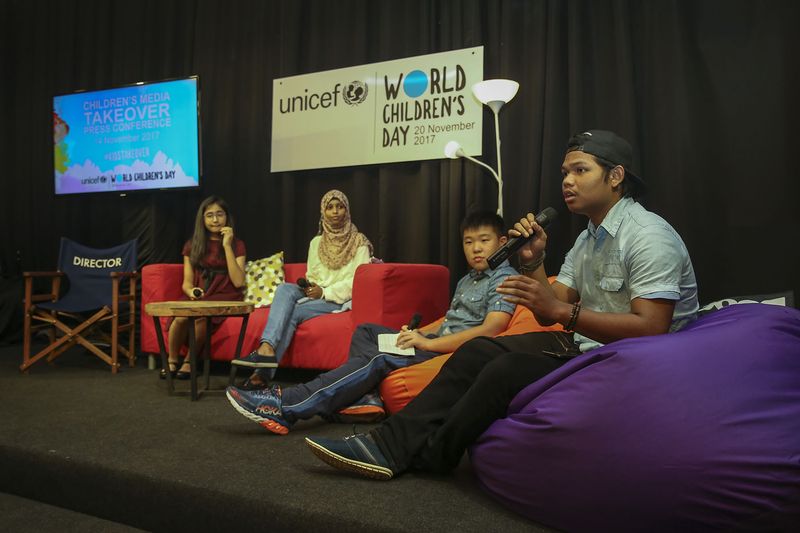 (From left) Muhammad, Yusra, Yu Xuan and Heidi are seen at the Children’s Panel session during the launch of the World Children's Day 2017 programme in Petaling Jaya, November 14, 2017.