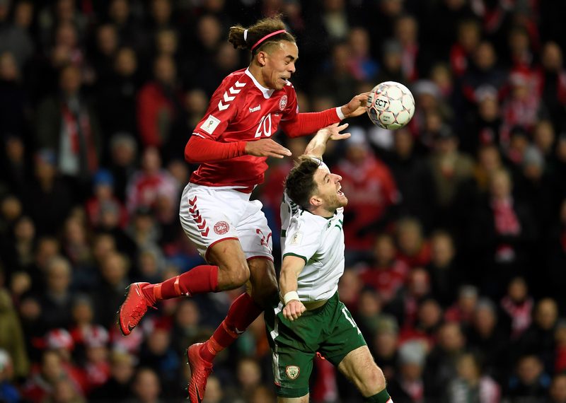 Yussuf Yurary Poulsen (left) of Denmark in World Cup qualifying action against Stephen Ward of Ireland in Copenhagen November 11, 2017. u00e2u20acu201d Reuters pic