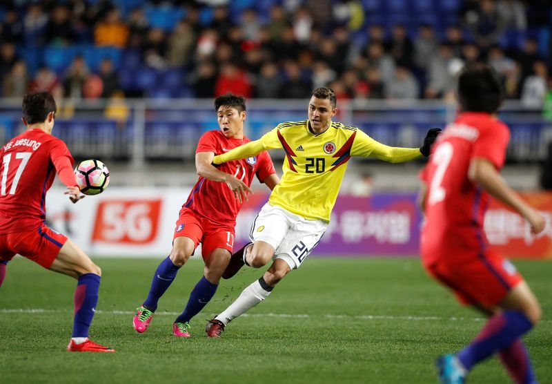 Colombiau00e2u20acu2122s Giovanni Moreno and South Koreau00e2u20acu2122s Lee Keun-ho in action during their international friendly at Suwon World Cup Stadium, Suwon, South Korea u00e2u20acu201c November 10, 2017. u00e2u20acu201d Reuters pic