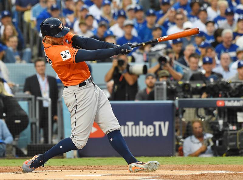 Houston Astros centre fielder George Springer hits a double against the Los Angeles Dodgers in game seven of the 2017 World Series at Dodger Stadium, Los Angeles November 1, 2017. u00e2u20acu201d USA TODAY Sports/Reuterspic
