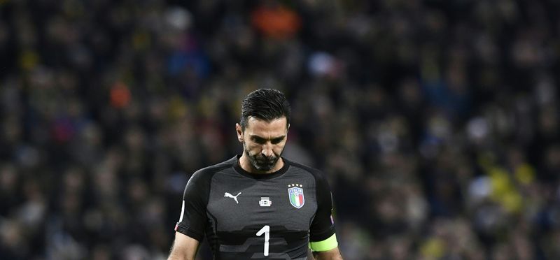 Italyu00e2u20acu2122s goalkeeper Gianluigi Buffon reacts during the Fifa World Cup 2018 qualification football match between Sweden and Italy in Solna,Sweden on November 10, 2017. u00e2u20acu201d AFP pic