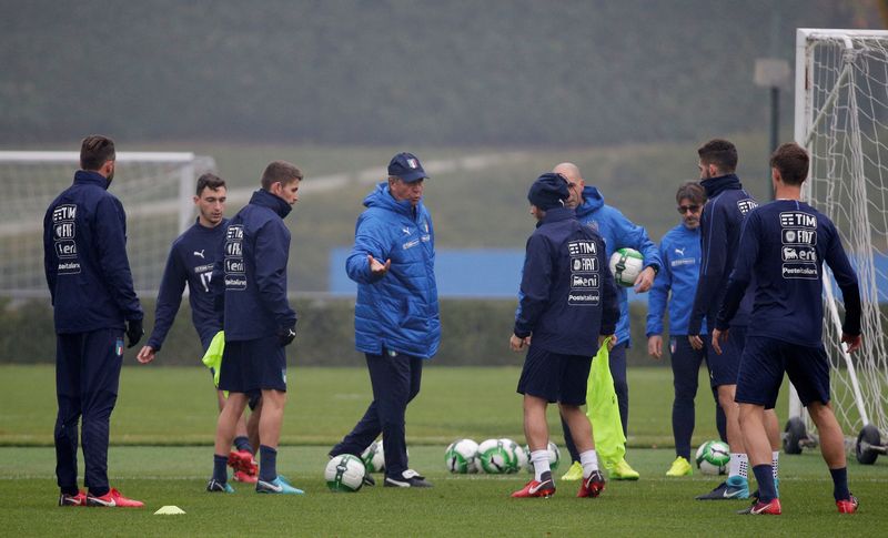 Italy coach Gian Piero Ventura speaks to his players during training in San Siro, Milan, Italy on November 12, 2017. u00e2u20acu201d Reuters pic