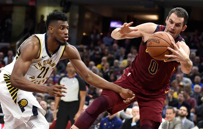 Cleveland Cavaliers forward Kevin Love (right) reaches for the ball against Indiana Pacers forward Thaddeus Young in the NBA match at Cleveland, Ohio Novemer 1, 2017. u00e2u20acu201d USA TODAY Sports/Reuters pic
