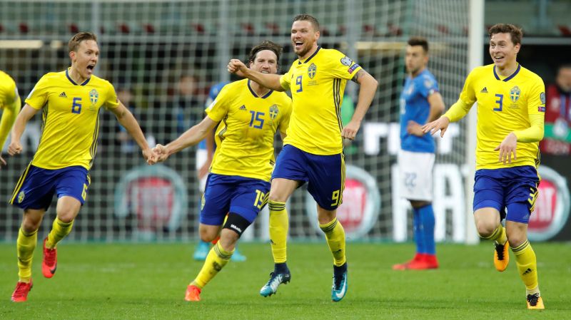 Swedenu00e2u20acu2122s Marcus Berg and team mates celebrate after the match against Italy. u00e2u20acu2022 Reuters pic