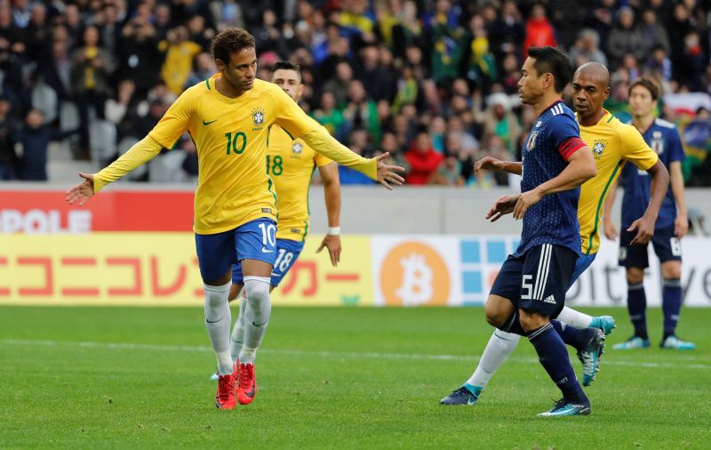 Brazilu00e2u20acu2122s Neymar celebrates scoring their first goal against Japan at Stade Pierre-Mauroy, Lille November 10, 2017. u00e2u20acu201d Reuters pic