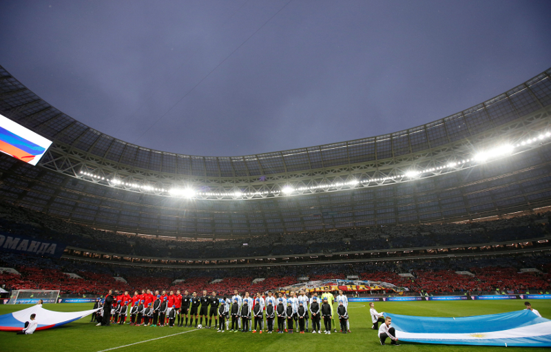 Players line up before the international football friendly between Russia and Argentina at Luzhniki Stadium, Moscow November 11, 2017. u00e2u20acu201d Reuters pic
