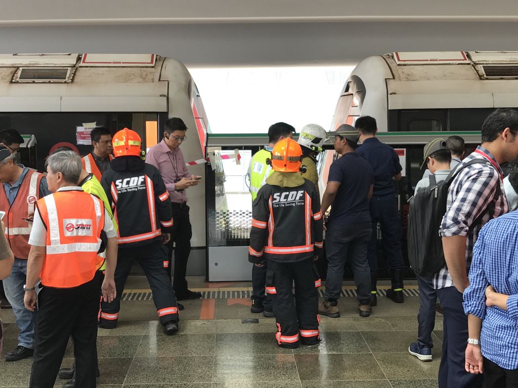 The platform at Joo Koon MRT Station has been partially cordoned off following a collision between two trains. u00e2u20acu201d Picture by Low Youjin/TODAY 