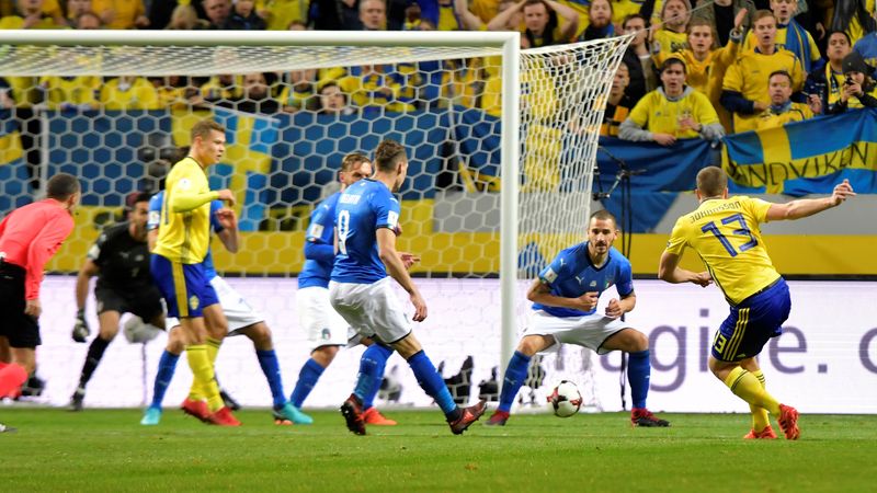 Swedenu00e2u20acu2122s Jakob Johansson scores for 1-0 during the 2018 World Cup qualifiers match Sweden v Italy in Friends Arena, Stockholm, Sweden on November 10, 2017. u00e2u20acu201d Reuters pic