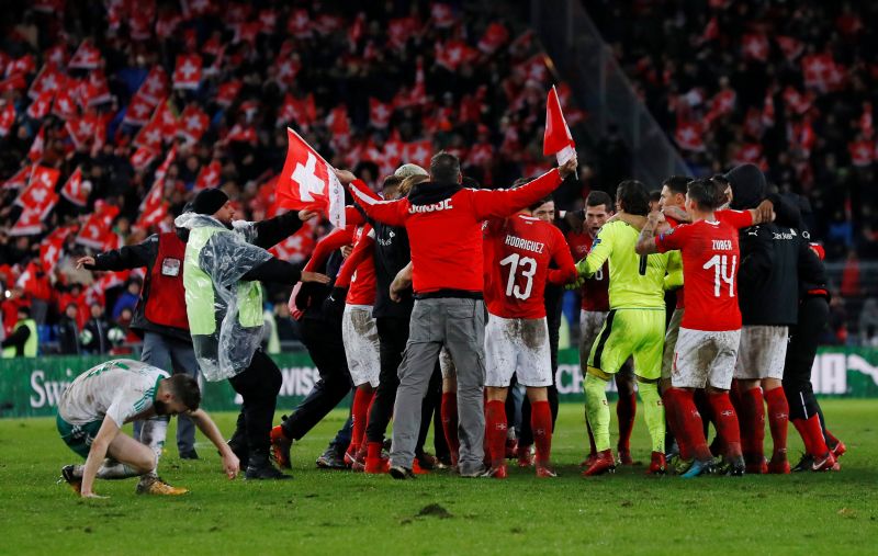 Switzerland players celebrate after the match against Northern Ireland. u00e2u20acu2022 Reuters pic
