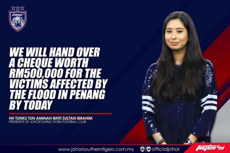 Johor princess Tunku Tun Aminah Ibrahim announced football club Johor Darul Ta'zim FC will pass its RM500,000 Malaysia Cup prize money to the Penang flood relief fund as pledged last week. u00e2u20acu2022 Picture via Facebook/Johor SouthernTigers