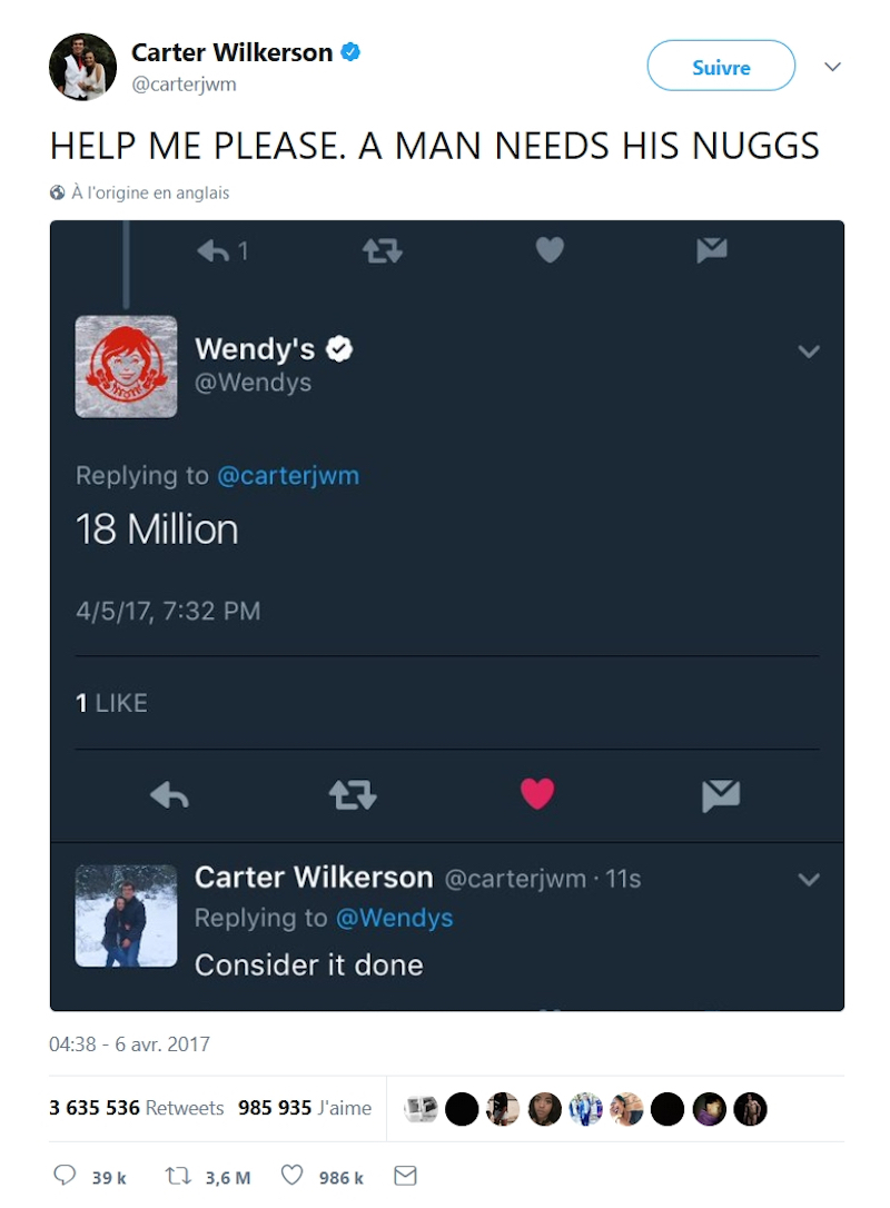 In the end, this message from Carter Wilkerson was retweeted much more than 18 million times!nu00e2u20acu201d  Picture courtesy of Twitter / Carter Wilkerson