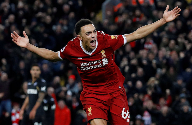 Liverpoolu00e2u20acu2122s Trent Alexander-Arnold celebrates scoring their third goal against Swansea City in Anfield, December 26, 2017. u00e2u20acu201d Reuters pic 