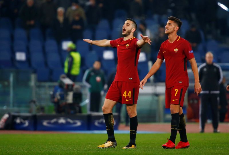 Roma's Konstantinos Manolas and Lorenzo Pellegrini celebrate after the match against Qarabag. u00e2u20acu2022 Reuters pic