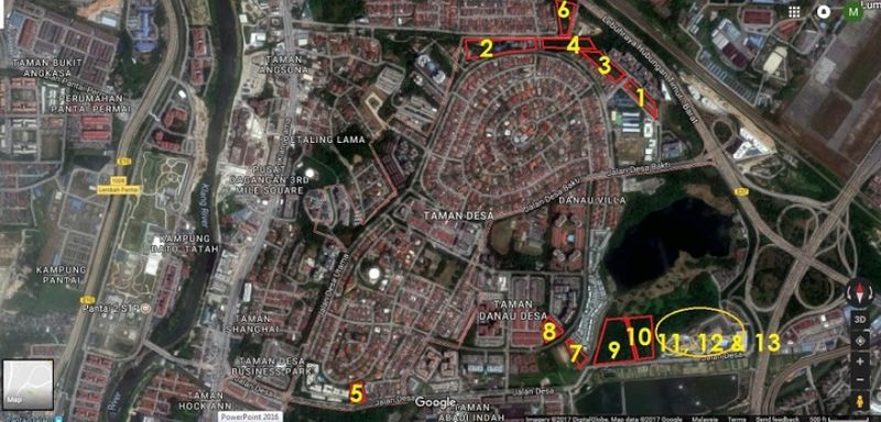 A map of 13 upcoming developments in Taman Desa, with item seven denoting the approximate location of the condominium project on the playground land.