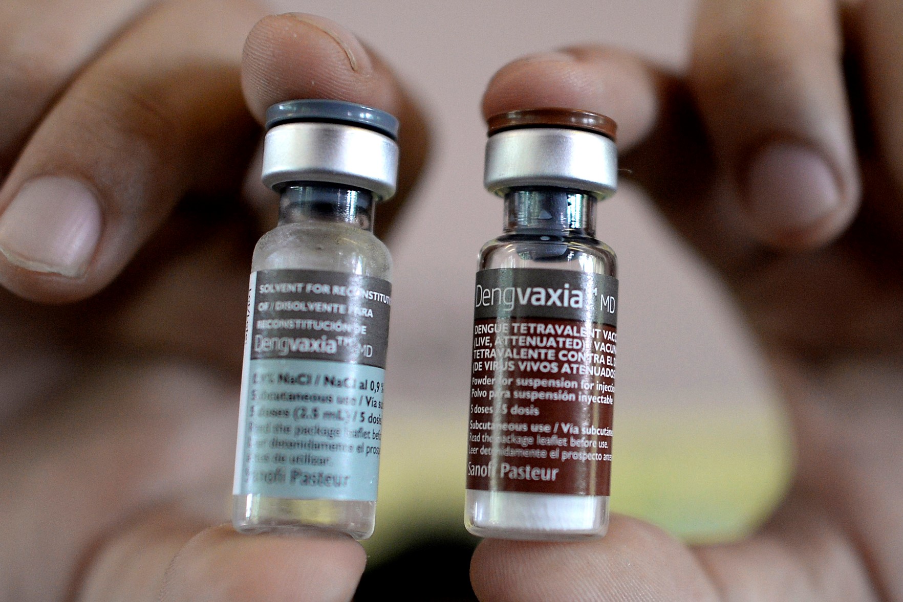 A nurse showing vials of the anti-dengue vaccine Dengvaxia, developed by French medical giant Sanofi, during a vaccination programme at an elementary school in suburban Manila. u00e2u20acu201d AFP pic 