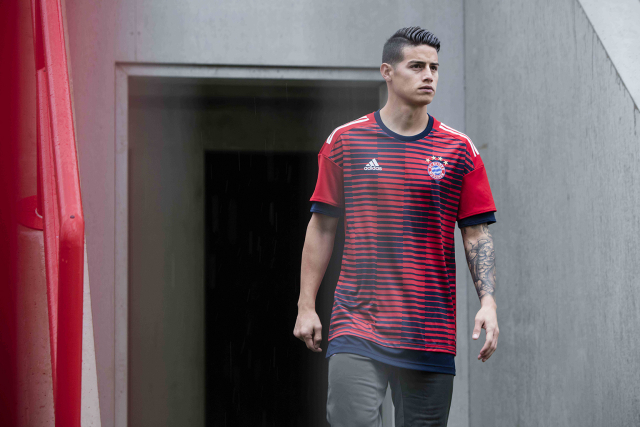 James Rodriguez models a new Bayern Munich adidas x Parley pre-match jersey made from recycled ocean plastic. u00e2u20acu201d Pic courtesy of Adidas
