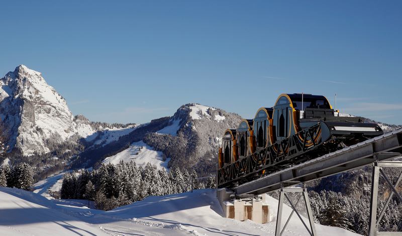 The barrel-shaped carriages of a new funicular line at mount Grosser Mythen (1,898m) during sunny winter weather in the Alpine resort of Stoos, Switzerland December 13, 2017. u00e2u20acu201d Reuters picn