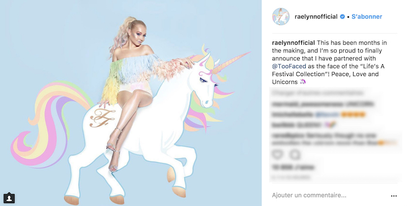 Too Facedu00e2u20acu2122s unicorn-like makeup collection, u00e2u20acu02dcLifeu00e2u20acu2122s A Festival,u00e2u20acu2122 is fronted by singer songwriter RaeLynn. u00e2u20acu201d Picture via Instagram.com/raelynnofficial