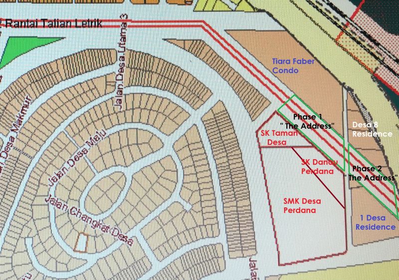 A map showing the location of The Address project site, as well as the three neighbouring condominiums and three neighbouring schools. — Picture courtesy of the Protect Taman Desa coalition