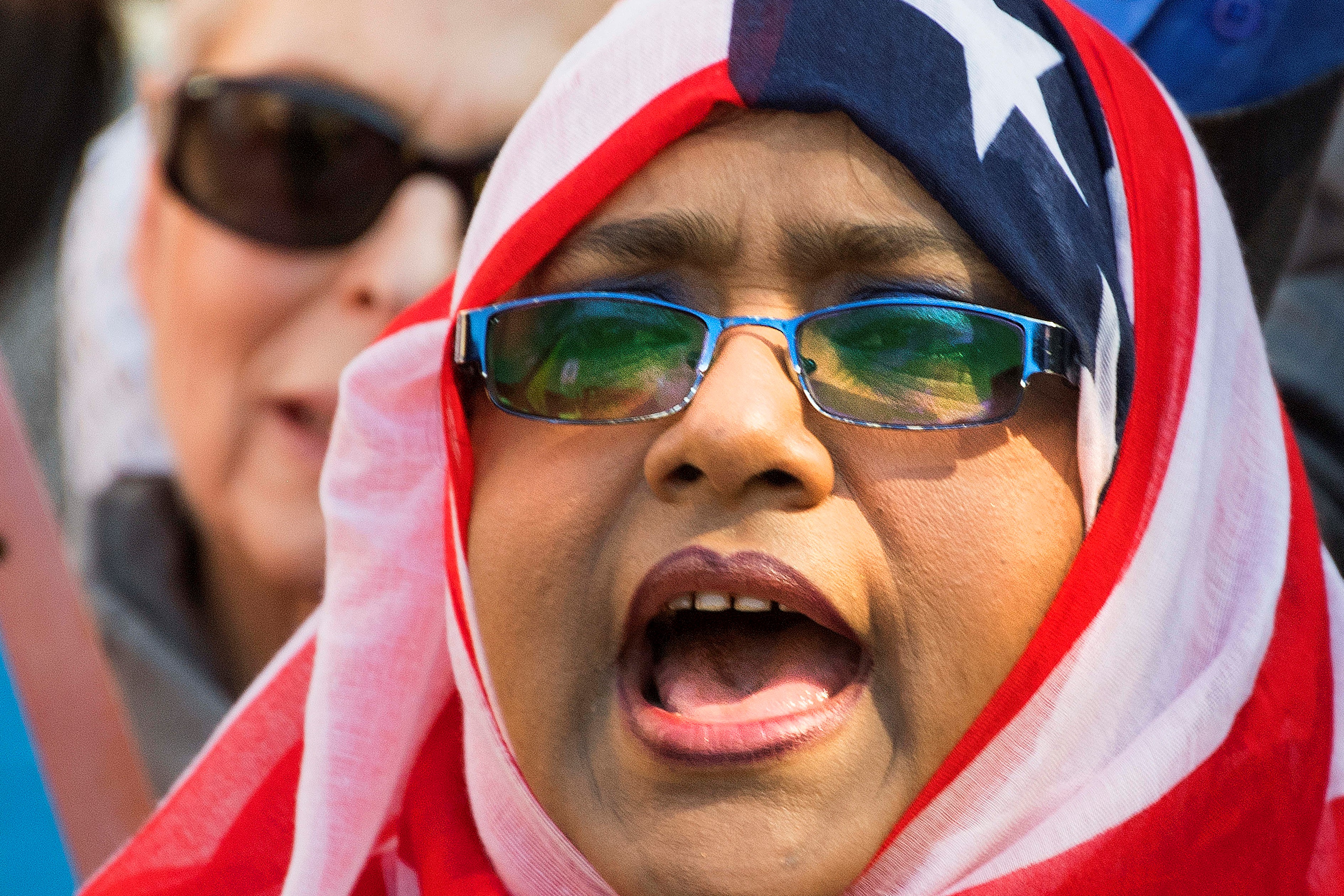 This file photo taken on October 18, 2017 shows a demonstrator chanting during a #NoMuslimBanEver rally and march in Washington, DC. u00e2u20acu201d AFP pic