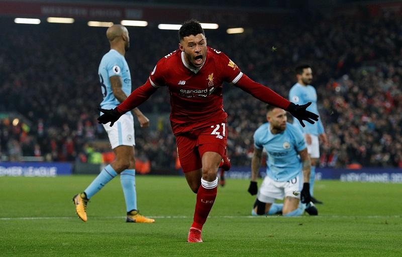 Liverpoolu00e2u20acu2122s Alex Oxlade-Chamberlain celebrates scoring their first goal against Manchester City in Anfield, Liverpool January 14, 2018. u00e2u20acu201d Reuters pic