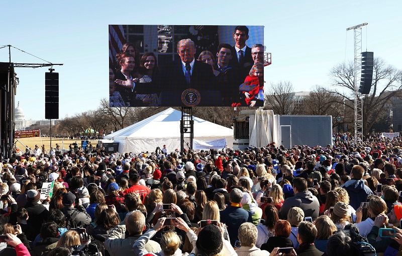 US President Donald Trump, speaking from the nearby White House, addresses attendees of the March for Life rally by satellite in Washington January 19, 2018. u00e2u20acu201d Reuters pic